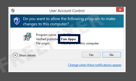 Screenshot where Fun Apps appears as the verified publisher in the UAC dialog